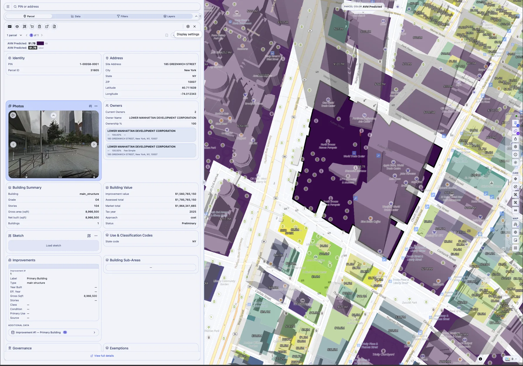 Valuebase CAMA property record with building details, photos and a 3D map of surrounding parcels