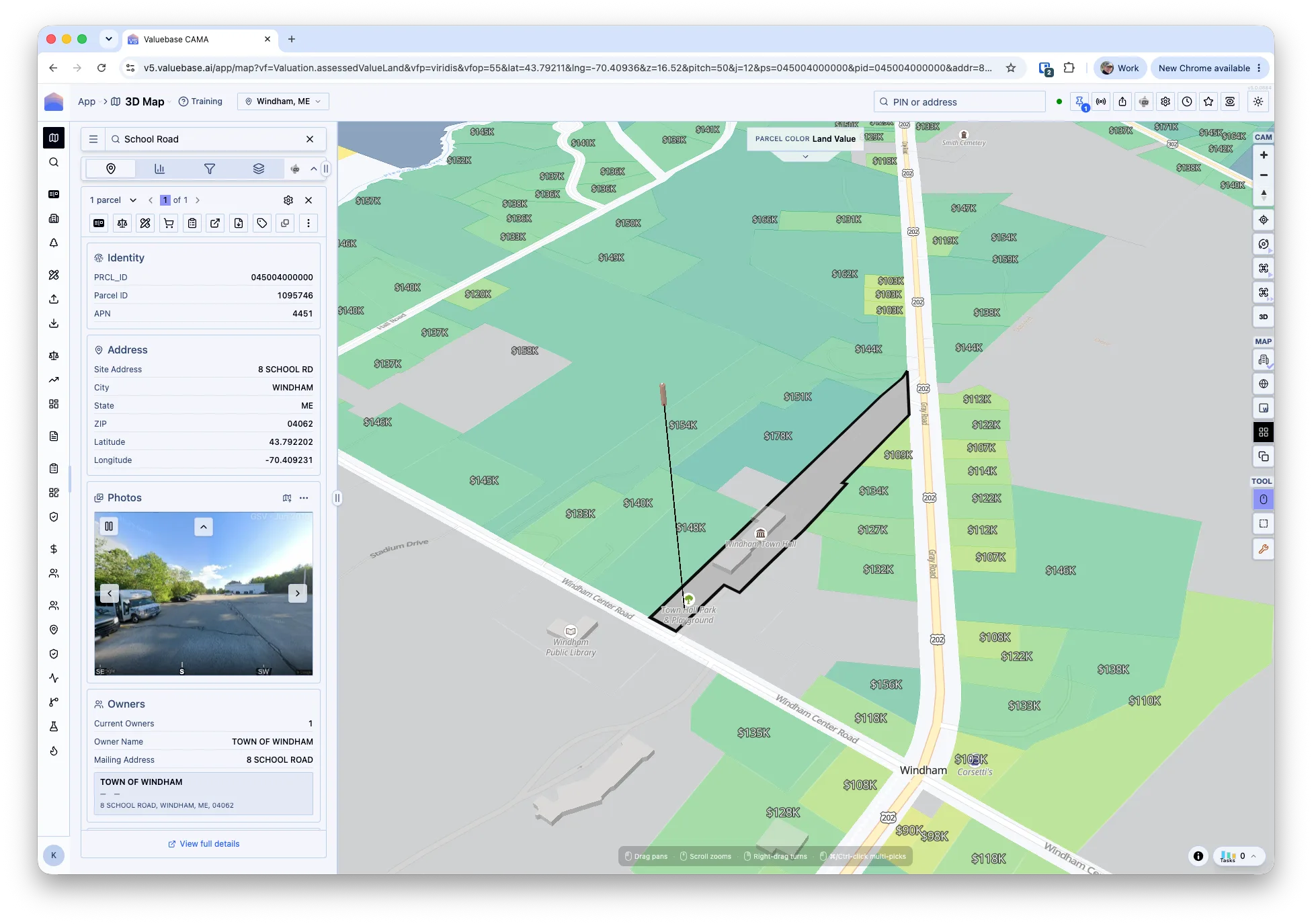 Valuebase CAMA showing a parcel record beside a neighborhood map of land values