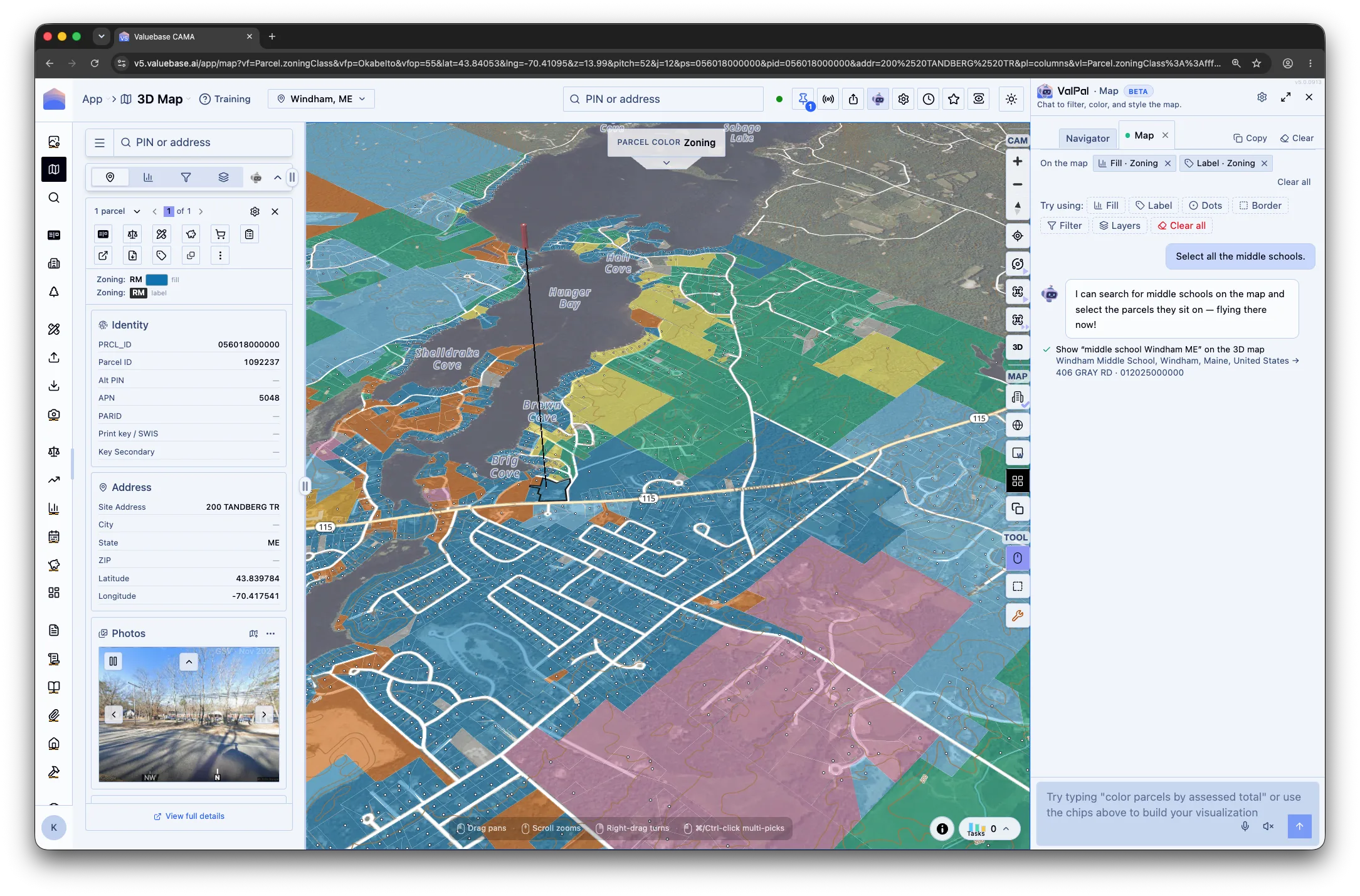 Valuebase CAMA map with the ValPal assistant responding to a request to find middle schools